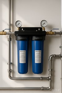 Filtro anti‑Legionella de membrana certificado instalado en red sanitaria, protección efectiva contra bacterias según RD 487/2022
